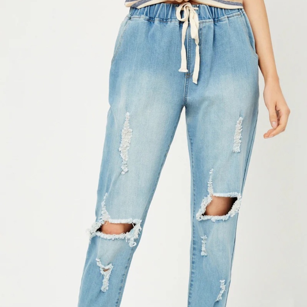 NWT Hayden Distressed Drawstring‎ Denim Jeans – Small – Mid Denim